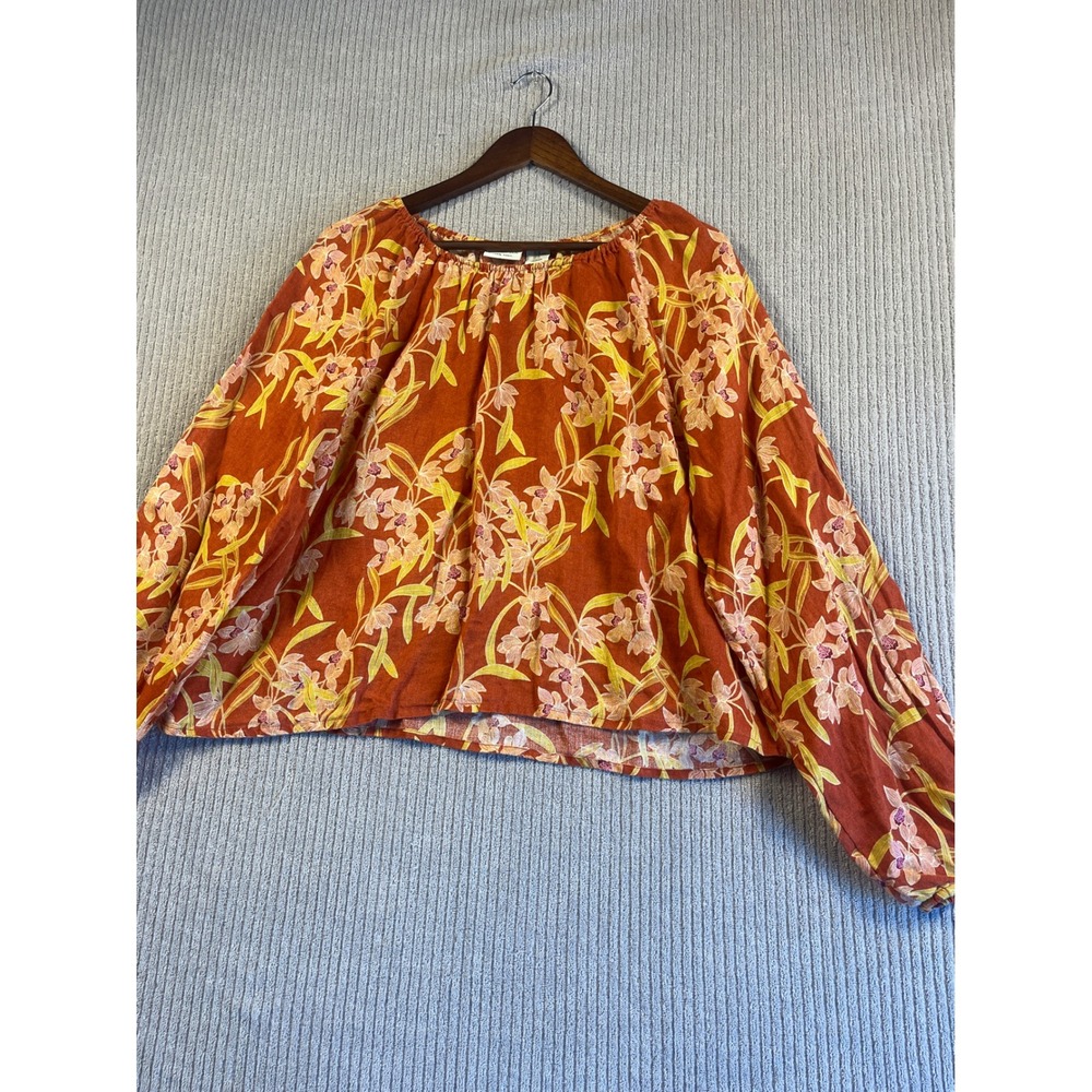 Rachel Zoe Linen Top Womens XL Floral Boho Peasant Blouse Burnt Orange L/S